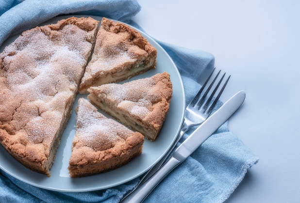 Ein Kuchen, die rechte Hälfte des Kuchens ist in drei Teile aufgeschnitten.