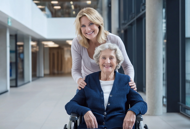 Eine Frau im mittleren Alter pflegt ihre ältere Mutter im Rollstuhl.