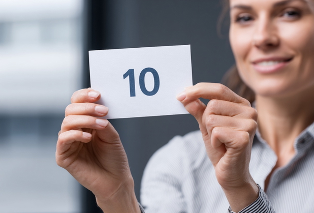Eine Frau hält einen Zettel hoch, auf dem eine 10 geschrieben steht.