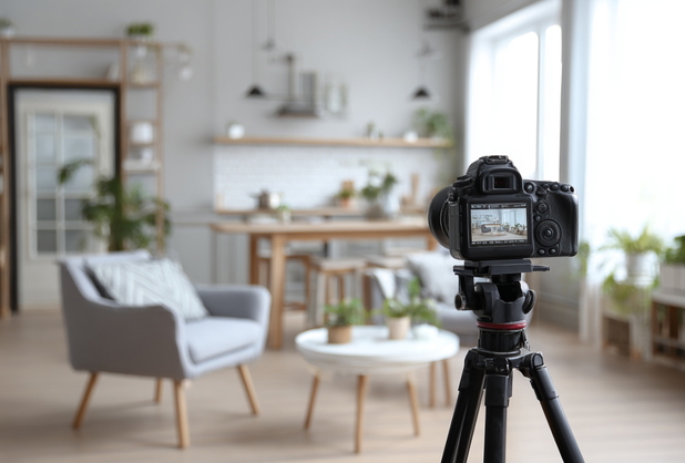 Eine Kamera auf einem Stativ steht in einem Wohnzimmer und fotografiert den Raum.