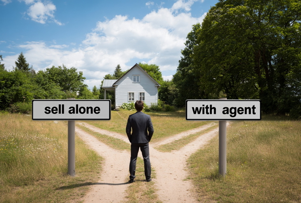 Ein Mann steht am Scheideweg zwischen "sell alone" und "with agent".