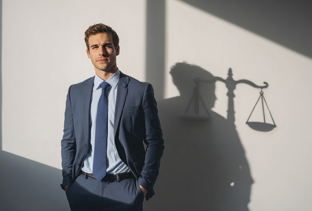 Ein Mann steht vor einer Wand, an der Schatten zu sehen sind, die auch eine Waage zeigen.