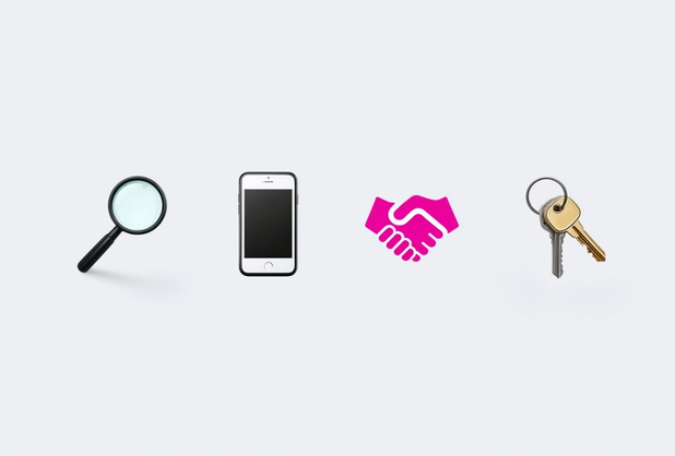 Die vier Phasen des Hausverkaufs visualisiert: Lupe, Smartphone, Handshake und Schlüssel.
