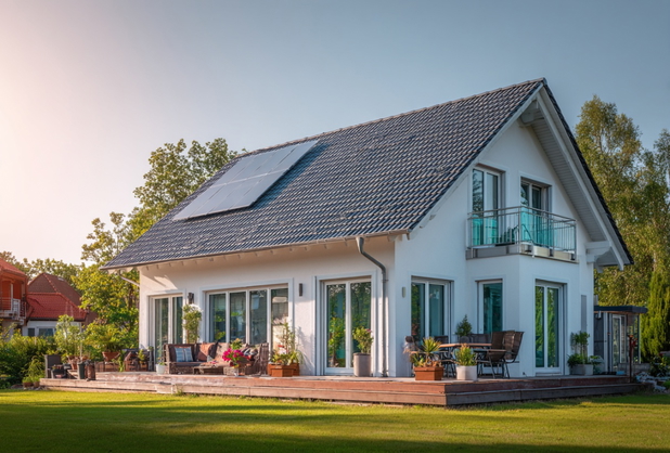 Ein sehr modernes Haus in gutem Zustand, auf dem Dach sind Solarpanels.