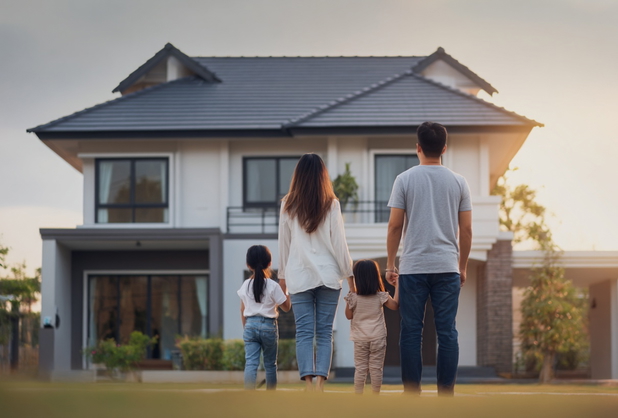Eine vierköpfige Familie mit zwei kleinen Kindern steht im Garten vor ihrem Einfamilienhaus.