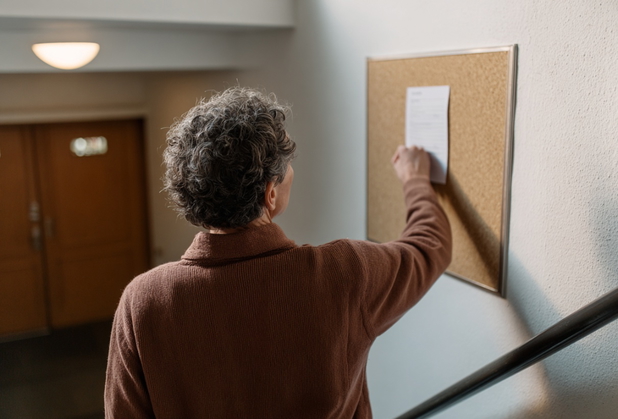 Ein Mieter hängt im Treppenhaus ein Blatt Papier an eine Pinnwand auf.