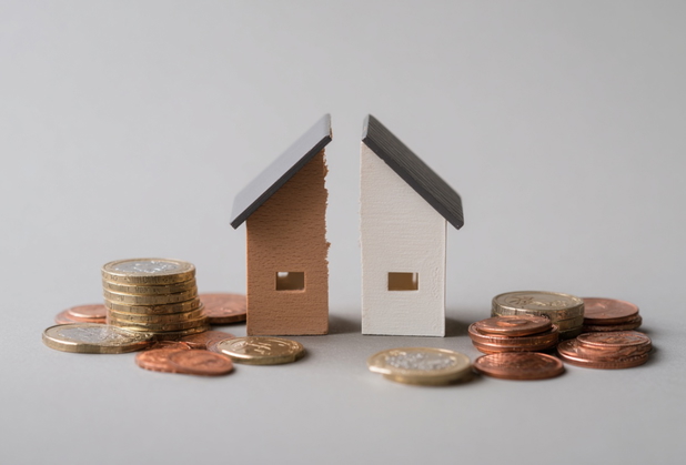 Ein in zwei geteiltes Miniaturhaus umgeben von Euro-Münzen.
