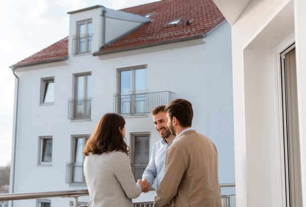 Ein Hausverwalter auf dem Balkon bei einer Übergabe.