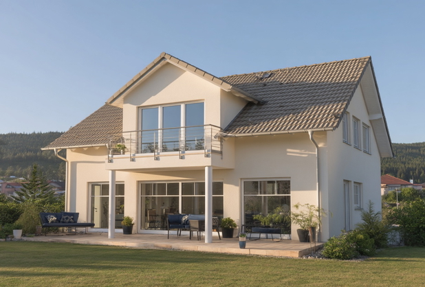 Ein Einfamilienhaus mit Garten im Sonnenuntergang.