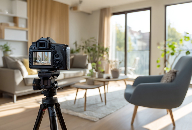 Eine Kamera auf einem Stativ fotografiert ein Homestaging-Wohnzimmer.