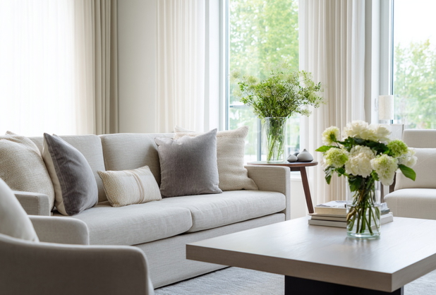 Ein modern eingerichtetes Wohnzimmer mit heller Couch und mehreren Blumensträußen.