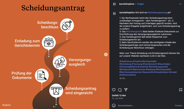 Ein Instagram-Beitrag über den Ablauf des Scheidungsantrags