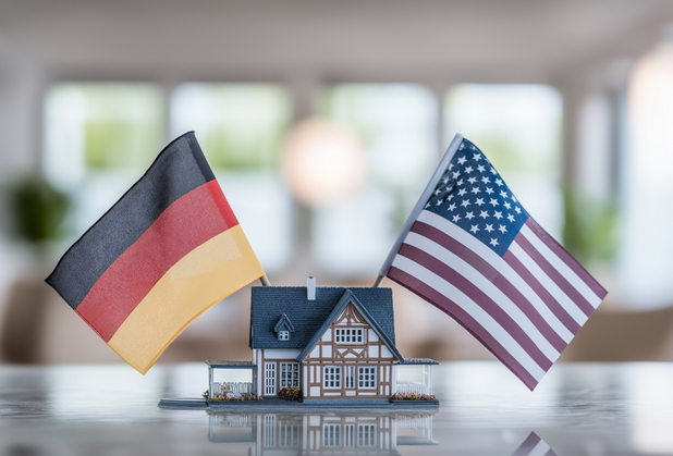 In einem Miniaturhaus stecken eine Deutschlandflagge und eine USA-Flagge.