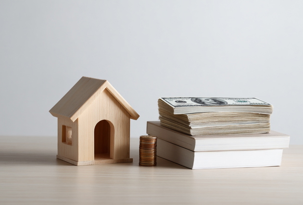 Neben einem Miniaturhaus liegen Bücher, Geldscheine und ein Münzenstapel.