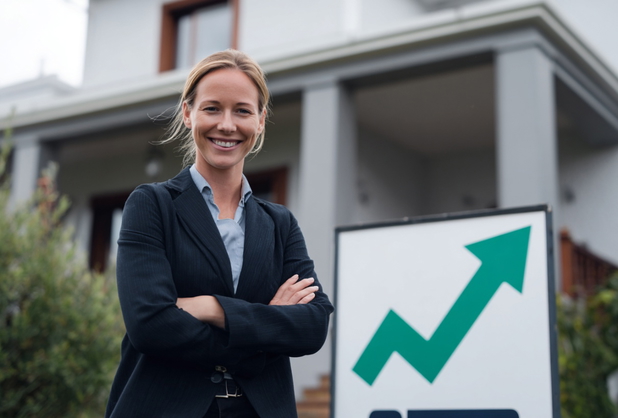Eine Immobilienmaklerin steht vor einem Schild, auf dem ein Pfeil nach oben zeigt.