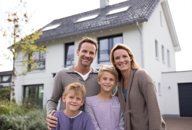 Eine vierköpfige Familie mit zwei Söhnen steht lächelnd vor ihrer Immobilie.