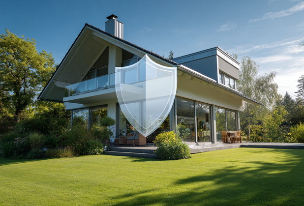 Vor einer großen Immobilie mit Garten ist ein transparentes Schutzschild-Symbol.