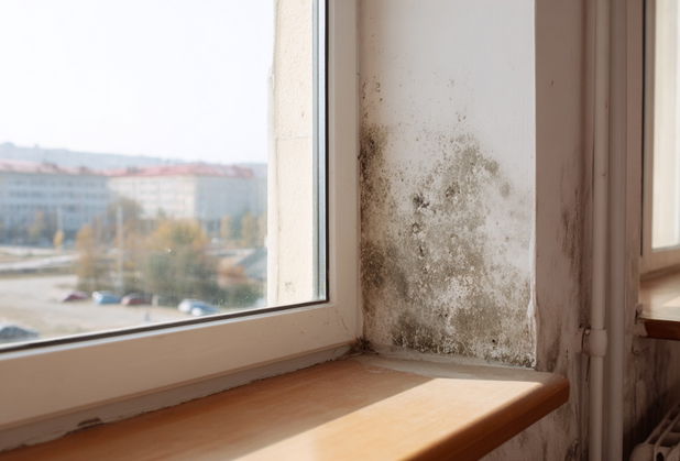 An der Wand neben einem Fenster ist Schimmel zu sehen.