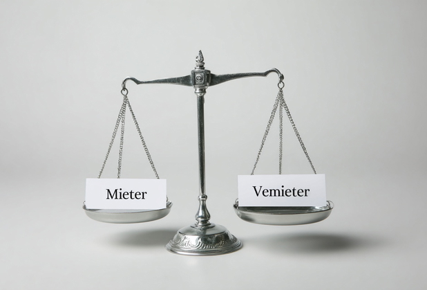 Eine silberne Waage, auf der einen Seite Mieter und auf der anderen Seite Vermieter.