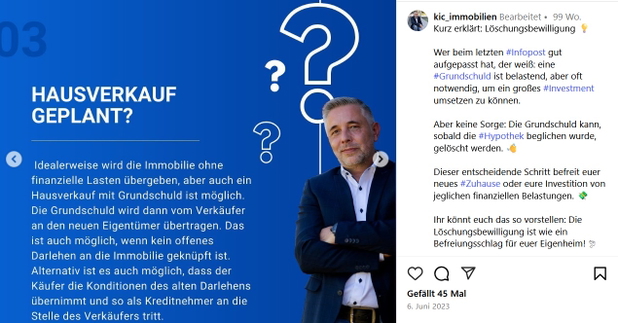 Ein Instagram-Beitrag von @kic_immobilien zum Thema Hausverkauf mit Grundschuld