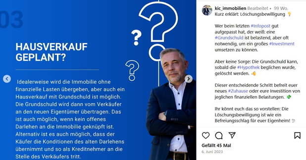 Ein Instagram-Beitrag von kic_immobilien zum Thema Hausverkauf mit Grundschuld