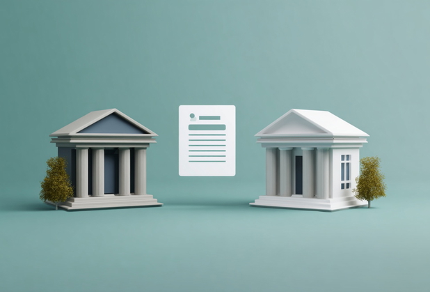 Zwei Modellbanken, dazwischen ein wei&szlig;es Dokument, Infografik