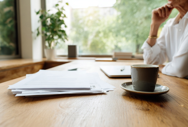 Eine Person sitzt an einem Tisch mit einer Kaffeetasse und Dokumenten, sie schaut nachdenklich aus dem Fenster.