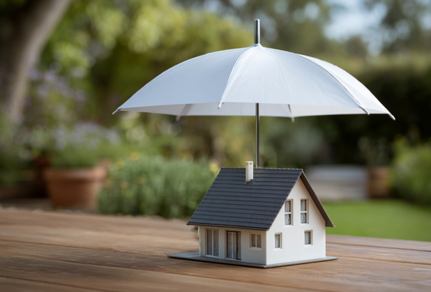 Ein Hausmodell, in dem ein Regnschirm steckt, der geöffnet ist und somit das Hausmodell vor Regen schützt.