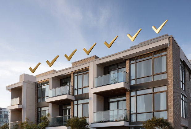 Über einem modernen Mehrfamilienhaus schweben sieben goldene Haken.