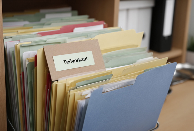 Auf einem von mehreren Ordnern und Mappen steht "Teilverkauf".