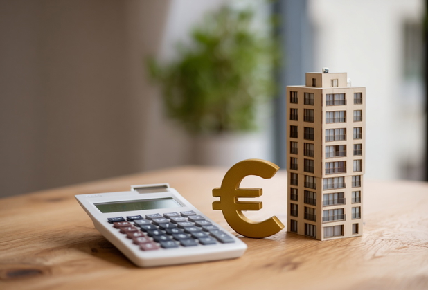 Auf einem Tisch liegen ein Taschenrechner, ein Mehrfamilienhaus und ein Euro-Zeichen.