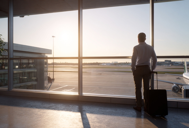 Ein Mann in Hemd und Anzughose steht am Flughafen und schaut aus dem Fenster, neben ihm sein Koffer.