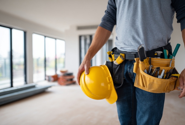 Ein Handwerker trägt Werkzeug und einen Bauarbeiterhelm in einem Haus herum.