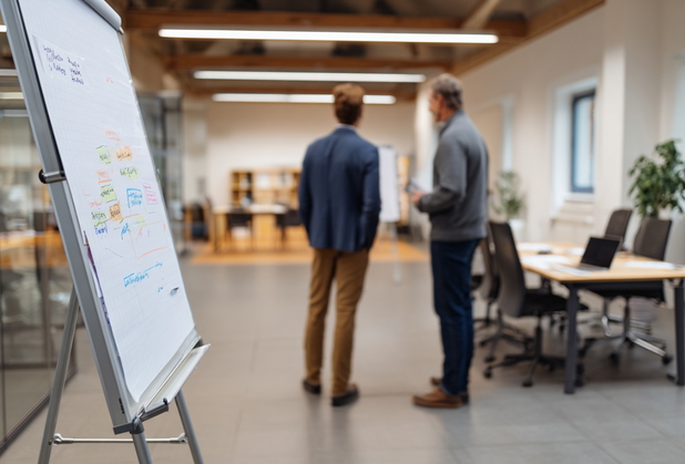 Ein Flipchart mit bunten Notizen drauf, im Hintergrund zwei Männer in feiner Kleidung neben einem Meetingtisch.