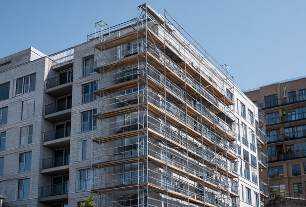 Die Fassade eines Wohnhauses wird saniert.