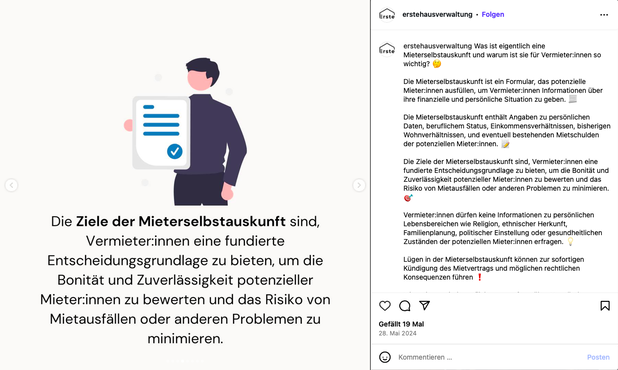 Zu sehen ist ein Instagram-Post über die Ziele der Mieterselbstauskunft erstellt von "erstehausverwaltung"
