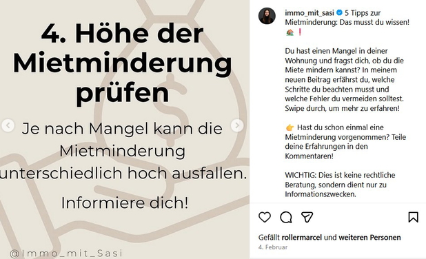 Ein Instagram-Beitrag von @immo_mit_sasi zum Thema Höhe der Mietminderung.
