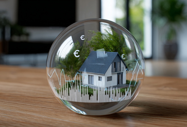 In einer Glaskugel steht ein kleines Haus mit Graphen und Euro-Symbolen.