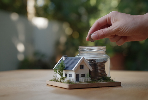 Ein Miniaturhaus, daneben ein Glas mit Münzen drinn, eine Hand tut gerade eine Münze rein.