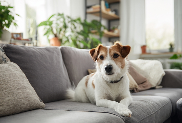 Ein wei&szlig;-brauner Hund liegt auf einer grauen Couch in einer hellen Wohnung.