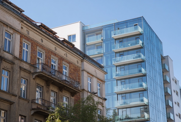 Ein Altbau steht direkt vor einem sehr modernen Neubau.