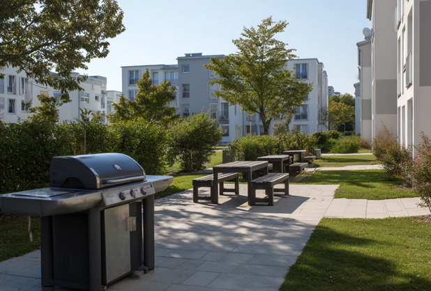 Ein Grillplatz in einer Siedlung bei Tageslicht.