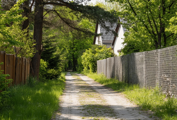 Ein Weg der über ein Privatgrundstück an ein Haus und Zaun vorbeiführt.