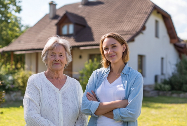 Eine junge Frau steht neben einer Seniorin vor einer Immobilie.