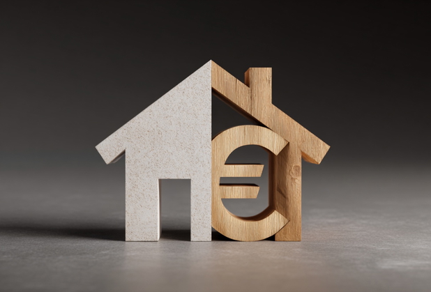 Ein Miniaturhaus, auf der rechten Seite ist ein Euro-Zeichen im Haus.