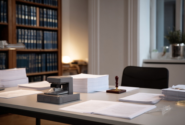 Das Büro eines Notars mit Stempel und vielen Dokumenten.
