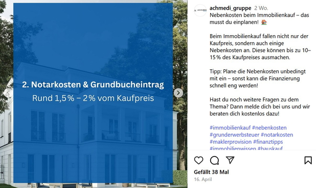 Ein Instagram-Beitrag von @achmedi_gruppe zum Thema Höhe der Notarkosten und sonstigen Nebenkosten beim Hauskauf.