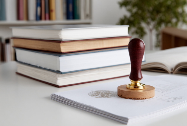 Neben einem Stapel Gesetzesbücher liegen Dokumente, auf denen ein Stempel steht.