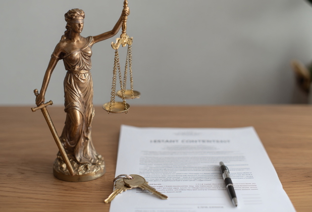 Eine Justitia-Statue steht neben einem Mietvertrag, auf dem ein Wohnungsschlüssel und ein Stift liegen.