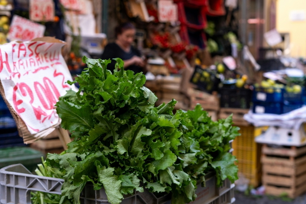 Ein Wochenmarkt mit verschiedenen Gemüsesorten, im Vordergrund ist ein Salat zu sehen.